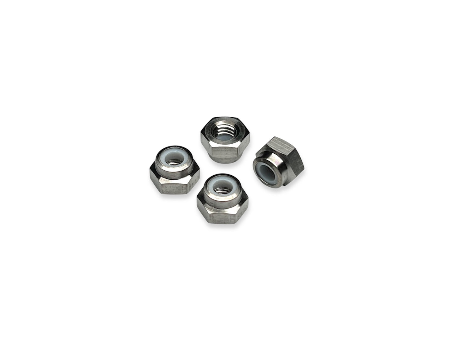 Sortafast M4 titanium locknuts natural finish on white background