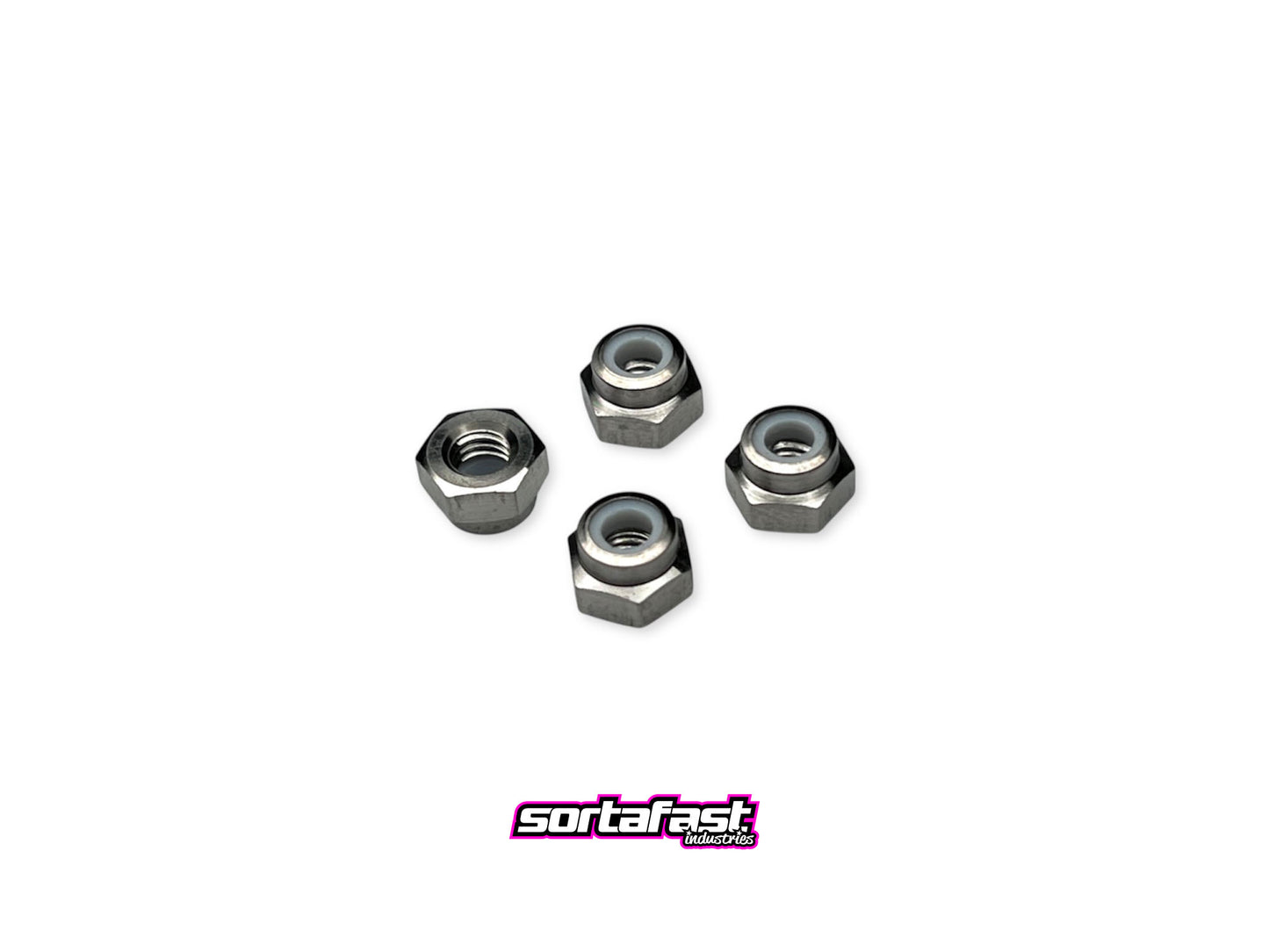 Sortafast M4 titanium locknuts natural finish on white background