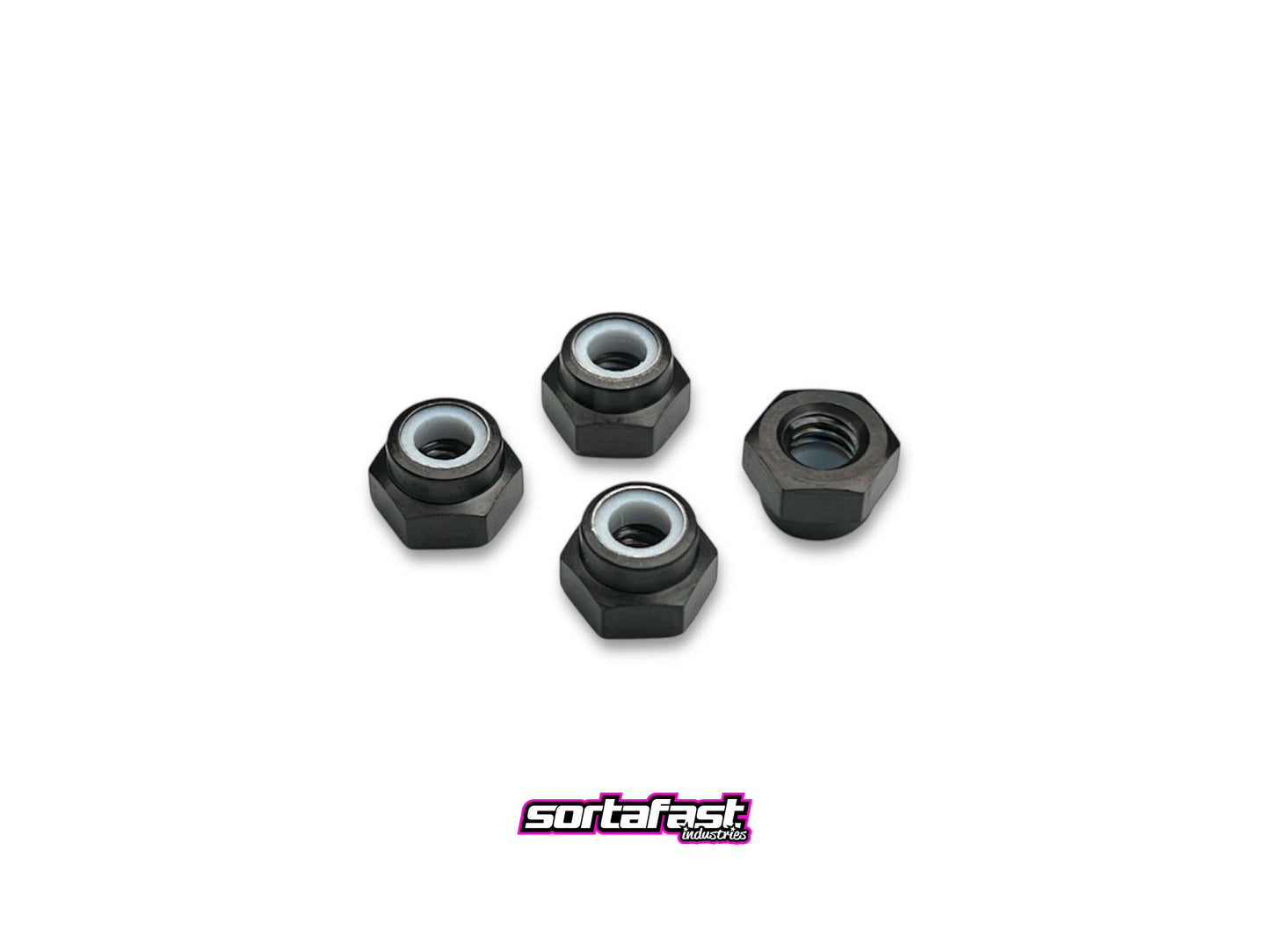 Sortafast M4 titanium locknuts black finish on white background