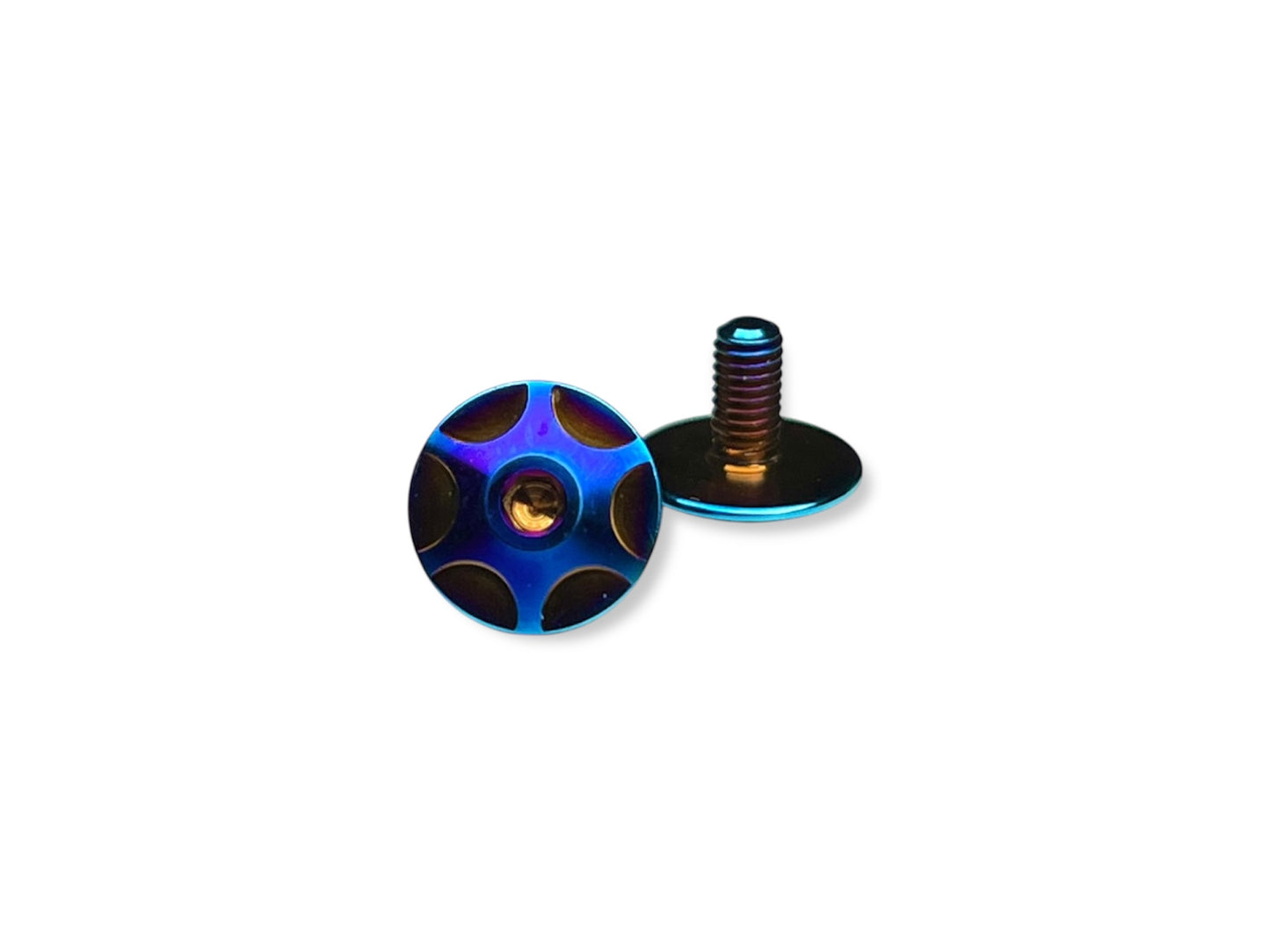 Sortafast Hexcix M3 titanium wing screws in Burnt blue PVD finish, 9.75 mm head, 2-pack.