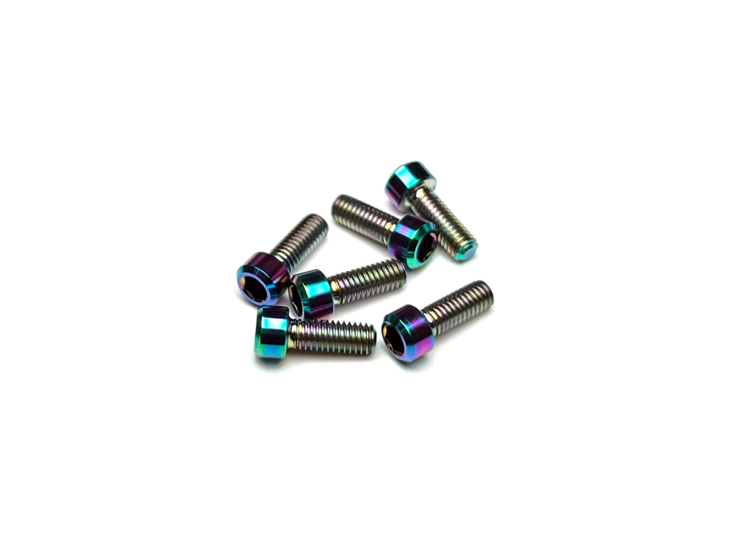 Sortafast M3 titanium pan car rear wheel screws in Oil Slick PVD finish with 4.75mm diameter head, 6-pack.