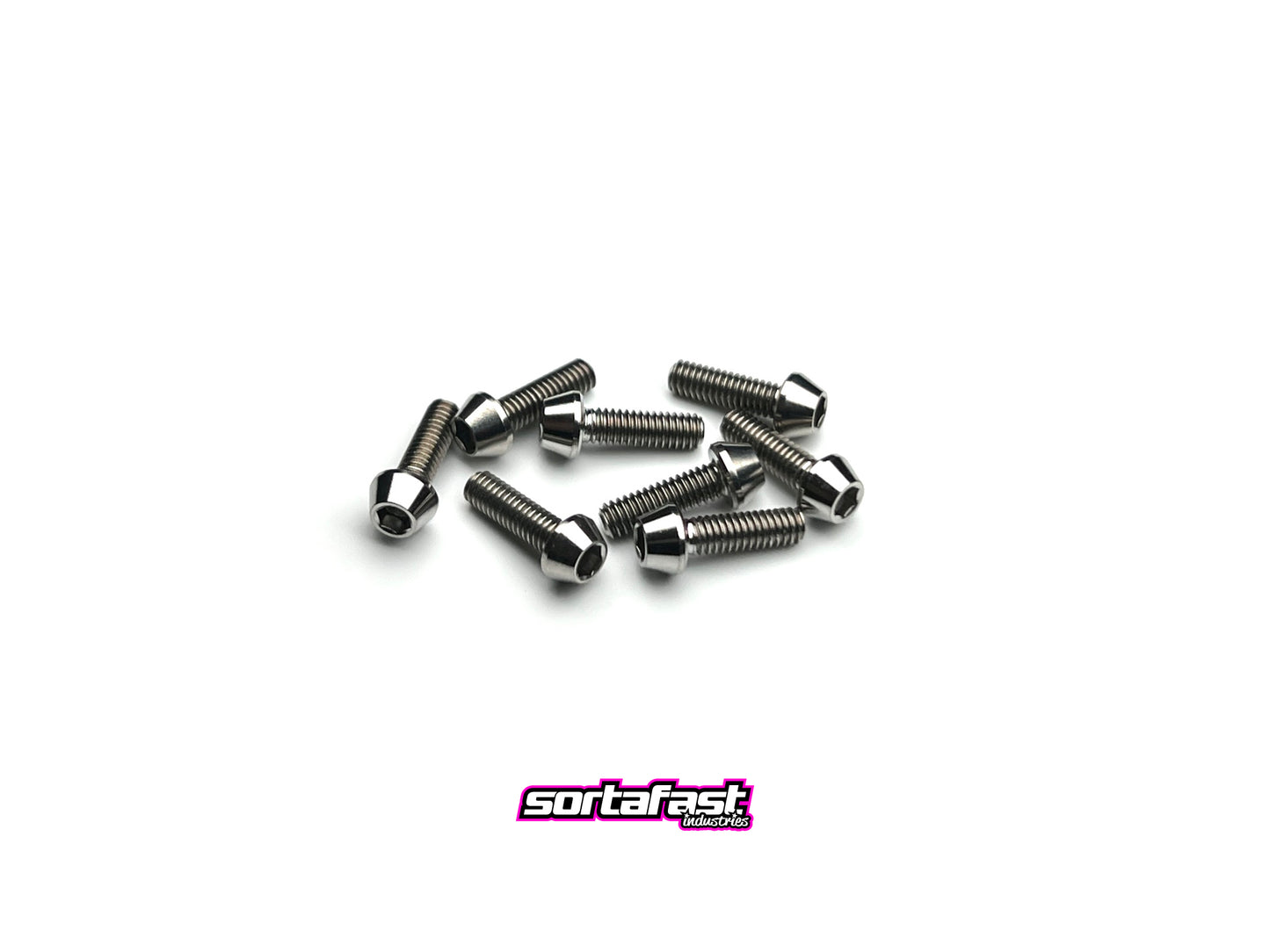 Sortafast M2.5 titanium rear wheel screws – 8 pack for 1/10 and 1/12 scale pan cars with tapered head design. Sortafast logo shown for branding