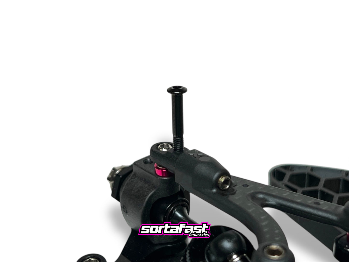 Stealth black titanium body stop screws (2pc) installed on XRAY X4 chassis