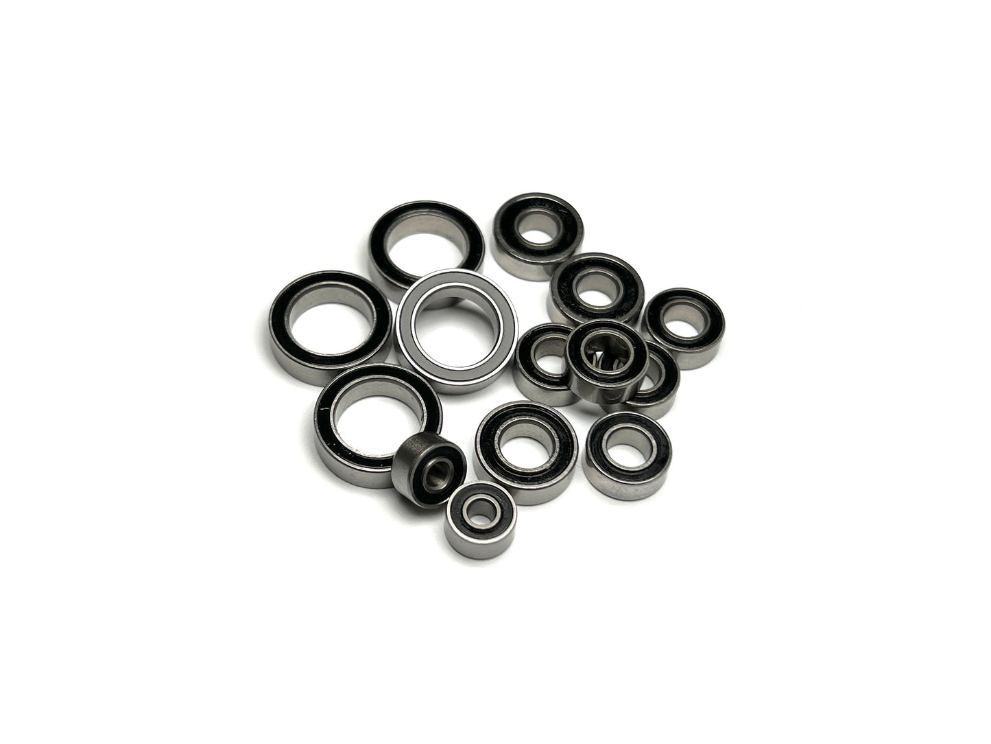 A set of 14 stainless steel bearings for XRAY XB2 remote control car, including 6 for transmission, 4 for rear hub, and 4 for front hub.