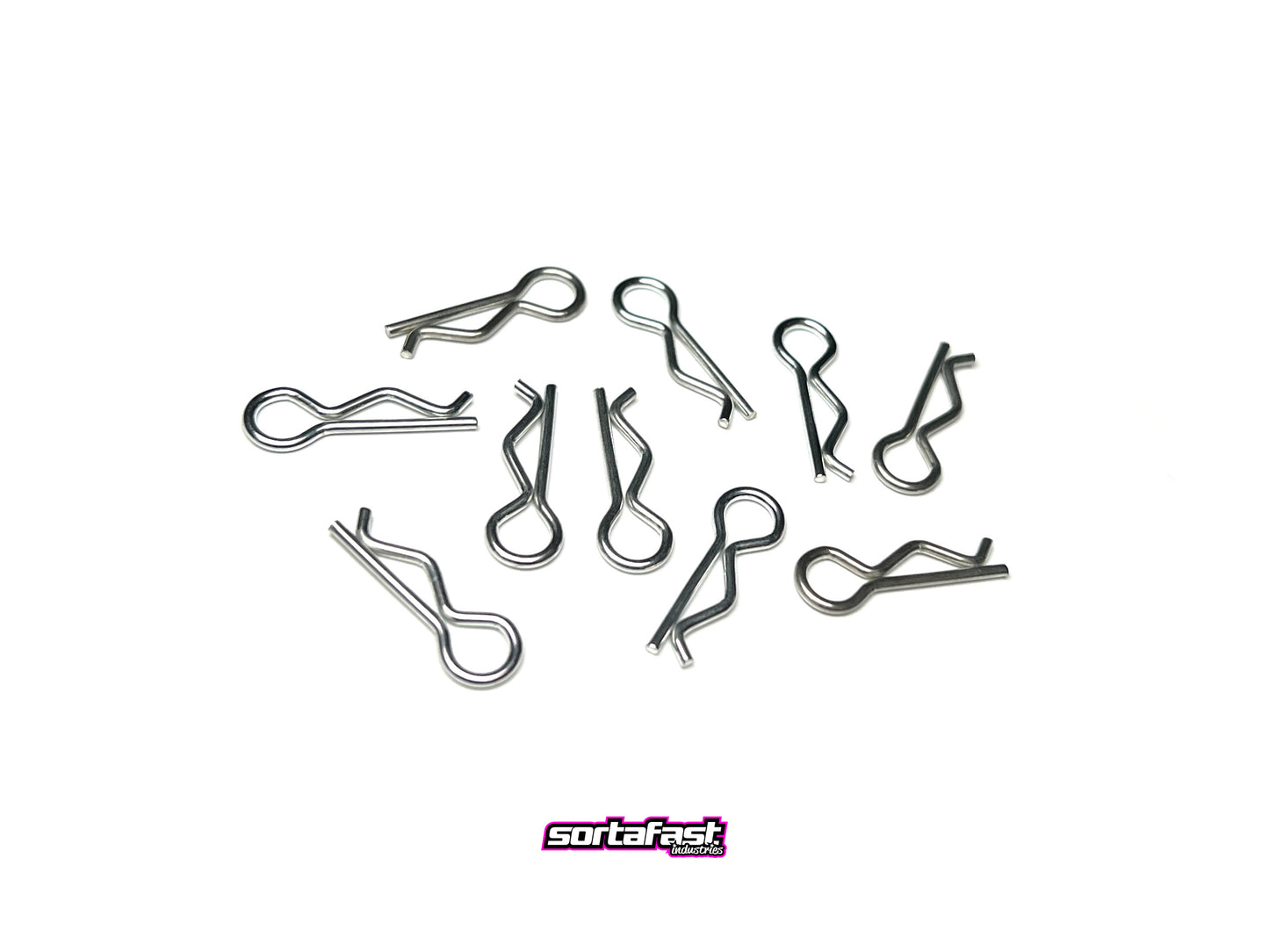 Sortafast medium body clips – 10-pack bright coated steel clips for 1/12 and 1/10 RC cars, 1.2×20 mm size.