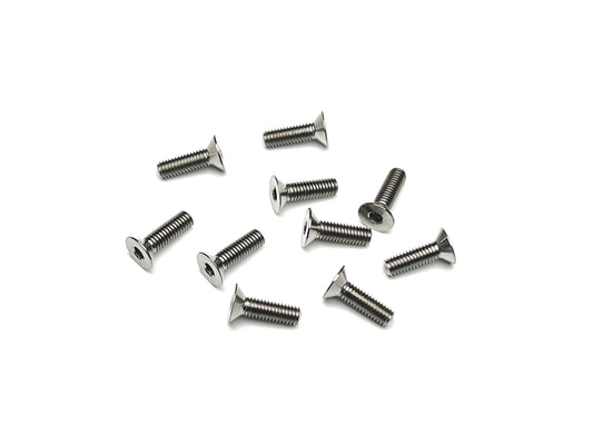 Close-up of Sortafast M3 titanium countersunk screws in natural finish on white background.