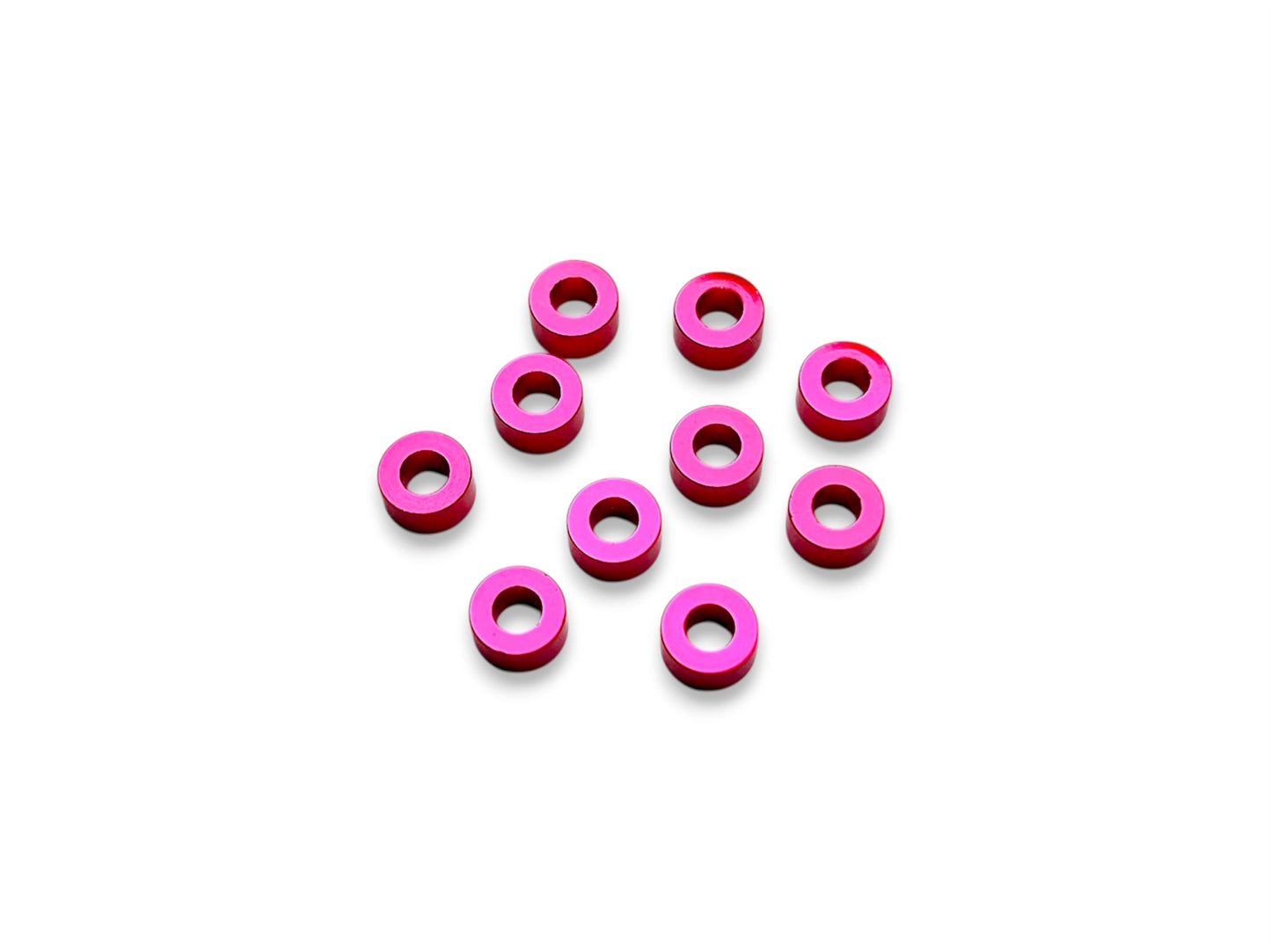 Sortafast 3 × 6 × 3.0 mm aluminum shims in hot pink anodized finish, 10-piece pack.