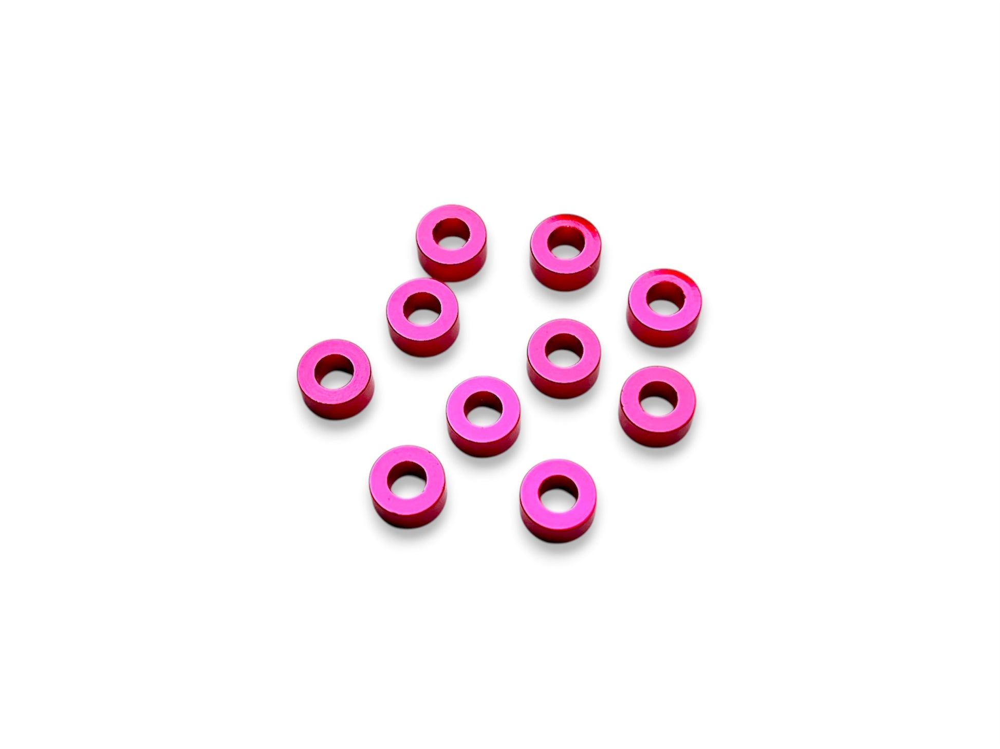 Sortafast 3 × 6 × 3.0 mm aluminum shims in hot pink anodized finish, 10-piece pack.