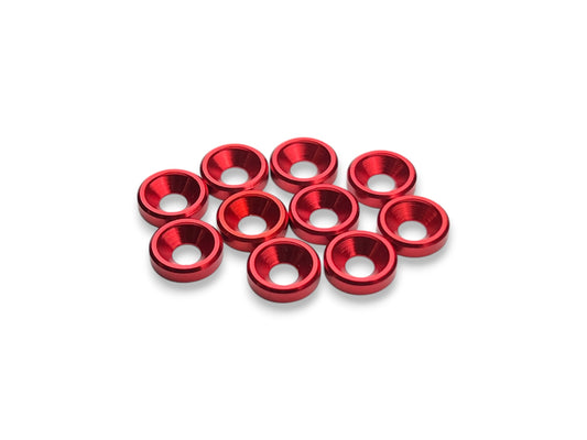 Sortafast M3 aluminum countersink washers in red anodized finish, 8mm OD, 10-piece pack.