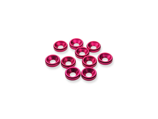 Sortafast aluminum countersink washers - 10 pcs, M3 size, bright pink finish. Shown on a white background.
