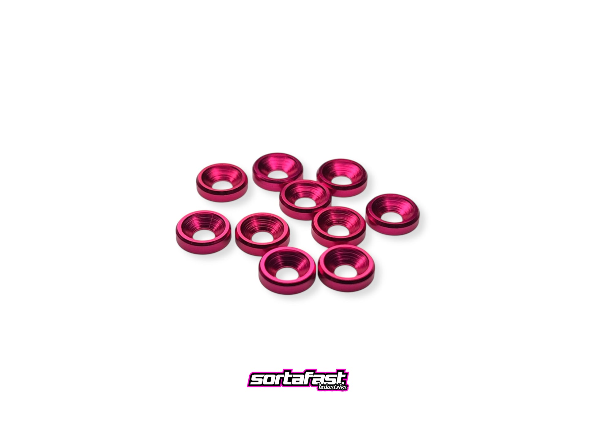 Sortafast aluminum countersink washers - 10 pcs, M3 size, bright pink finish. Shown on a white background.