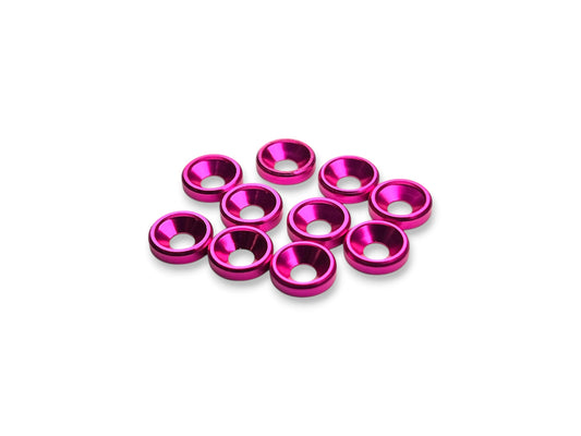 Sortafast M3 aluminum countersink washers in hot pink anodized finish, 8mm OD, 10-piece pack.