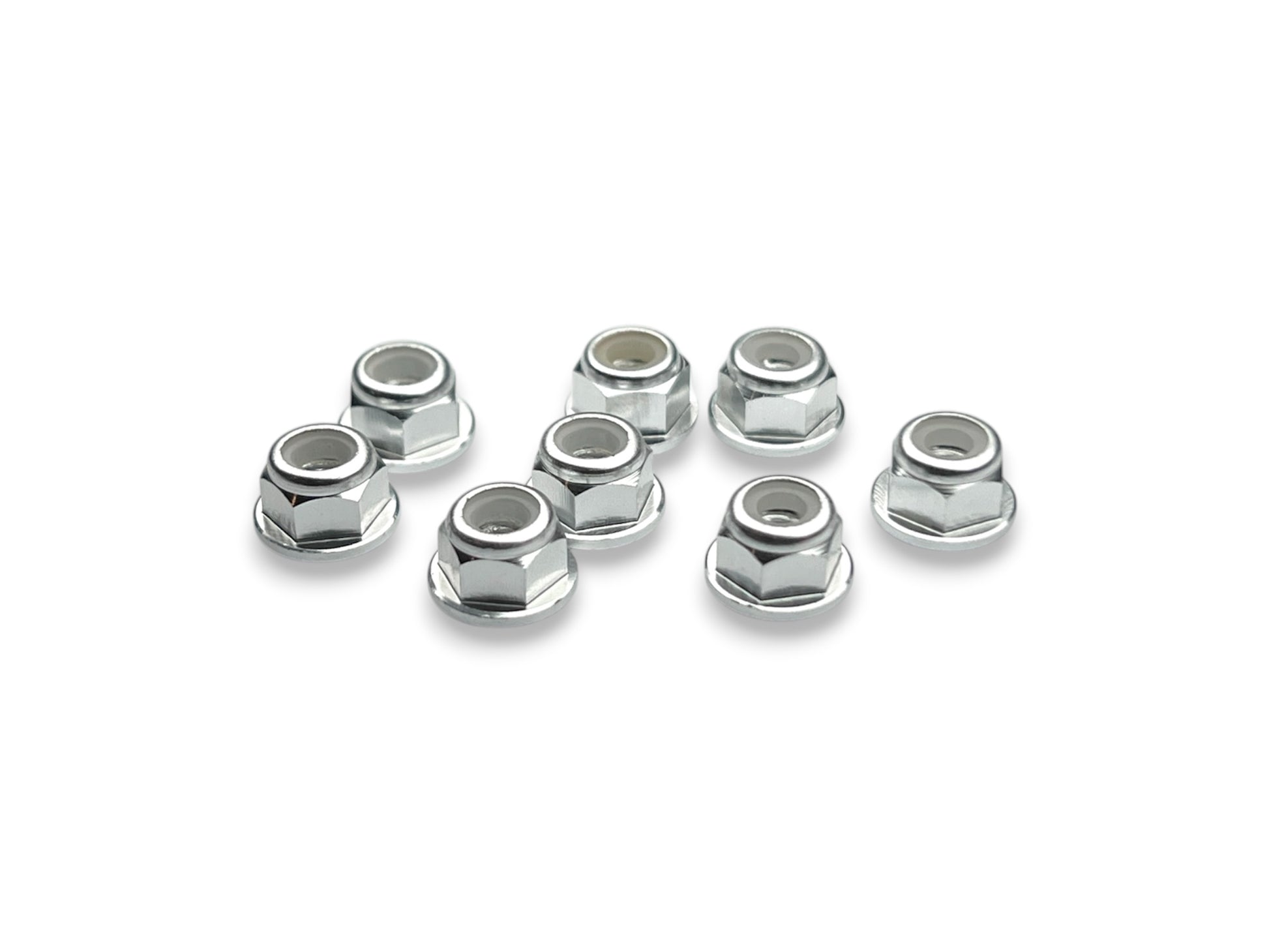 Sortafast M3 aluminum flanged locknuts in natural clear anodized finish, 5.5mm hex with flange, 8-piece pack.
