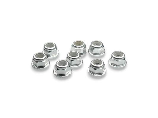 Sortafast M3 aluminum flanged locknuts in natural clear anodized finish, 5.5mm hex with flange, 8-piece pack.
