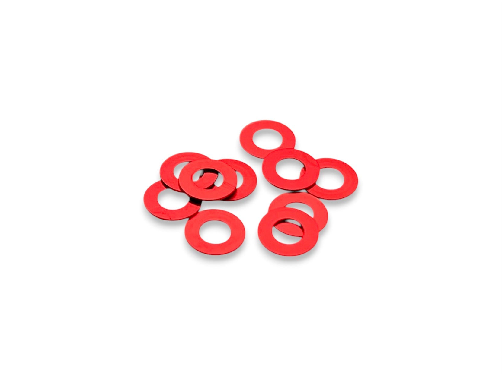 Sortafast 3 × 6 × 0.25 mm aluminum shims in red anodized finish, 10-piece pack.