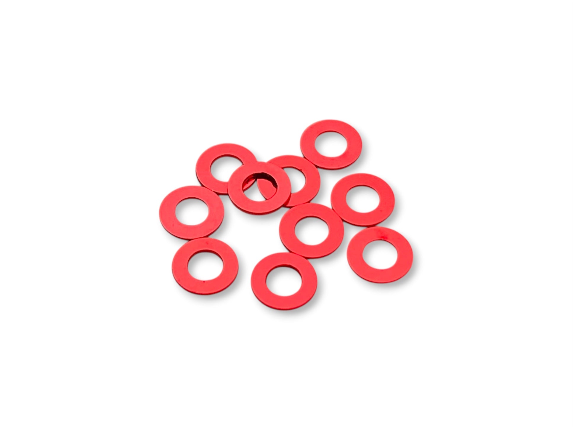 Sortafast 3 × 6 × 0.5 mm aluminum shims in red anodized finish, 10-piece pack.