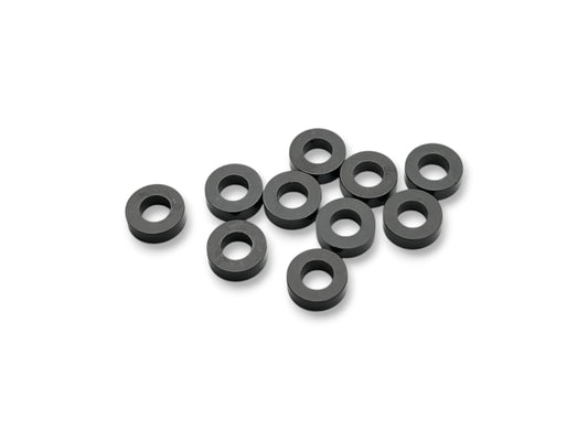 Sortafast 3 × 6 × 2.0 mm aluminum shims in black  anodized finish. Precision-machined for suspension, roll center, and setup adjustments. Includes 10 pieces.