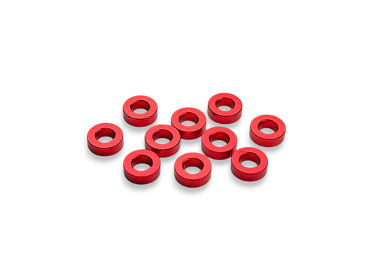 Sortafast 3 × 6 × 2.0 mm aluminum shims in red anodized finish, 10-piece pack.