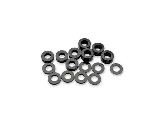 Sortafast 3 × 6 mm aluminum shim assortment in black anodized finish, 16-piece kit with multiple thicknesses.