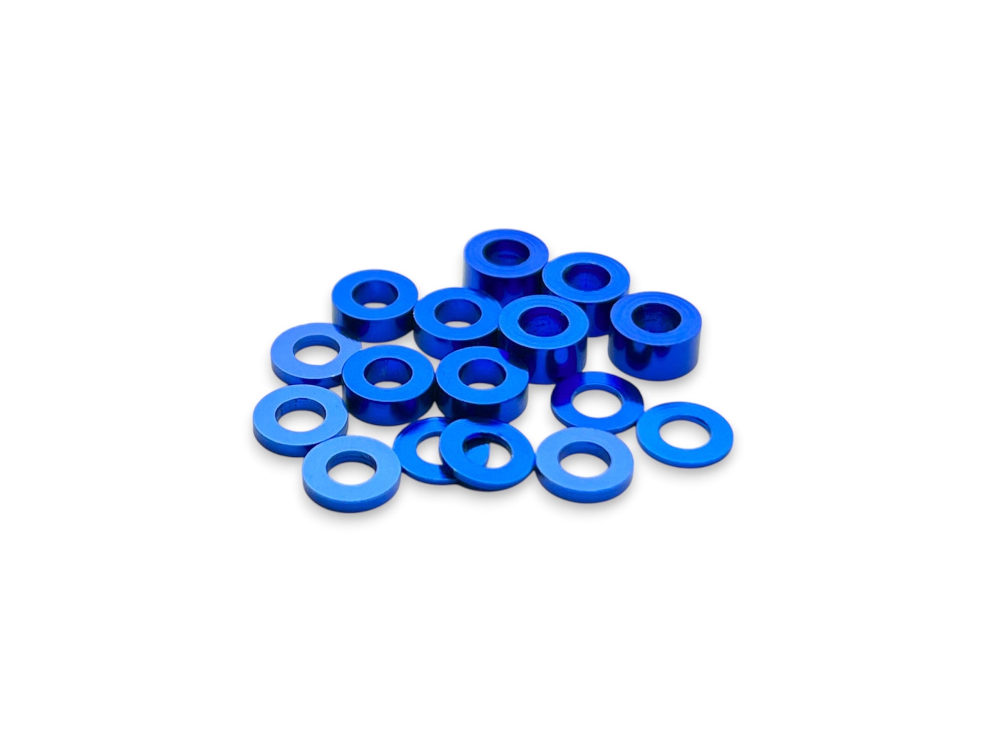 Sortafast 3 × 6 mm aluminum shim assortment in red anodized finish, 16-piece kit with multiple thicknesses.