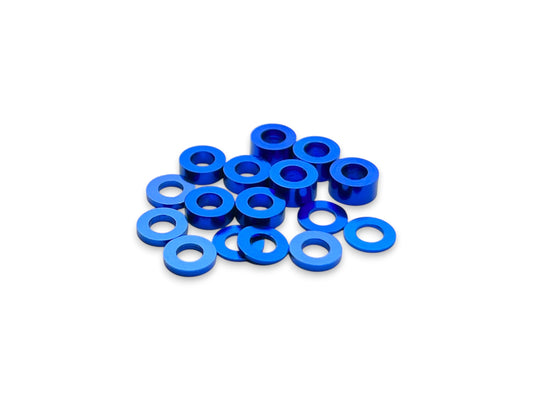 Sortafast 3 × 6 mm aluminum shim assortment in red anodized finish, 16-piece kit with multiple thicknesses.