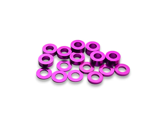 Sortafast 3 × 6 mm aluminum shim assortment in green anodized finish, 16-piece kit with multiple thicknesses.