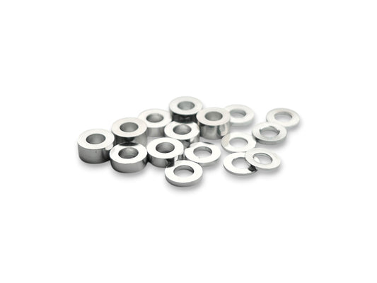 Sortafast 3 × 6 mm aluminum shim assortment in natural clear anodized finish, 16-piece kit with multiple thicknesses.