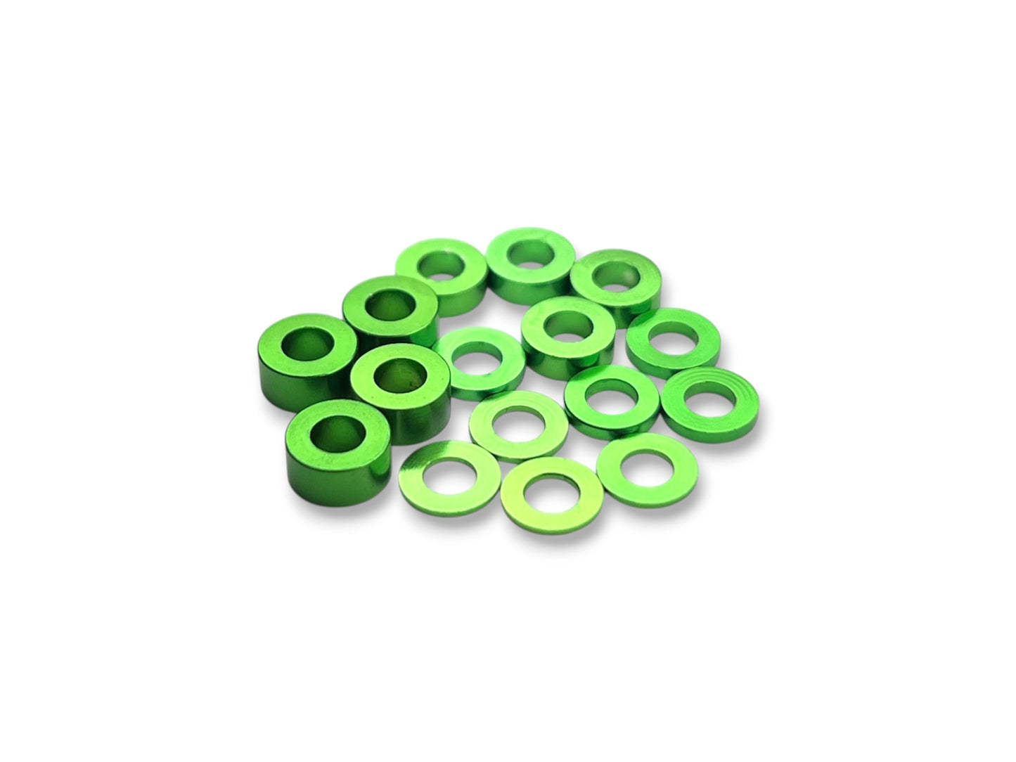 Sortafast 3 × 6 mm aluminum shim assortment in green anodized finish, 16-piece kit with multiple thicknesses.