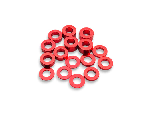 Sortafast 3 × 6 mm aluminum shim assortment in red anodized finish, 16-piece kit with multiple thicknesses.