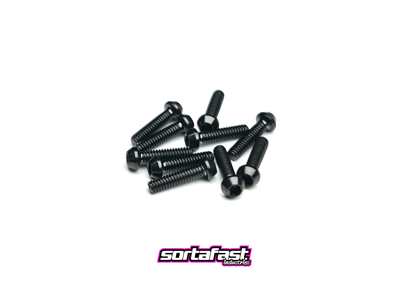 Sortafast M2 titanium button head screws in stealth black finish, 10-pack, precision-machined for RC racing and high-performance builds.