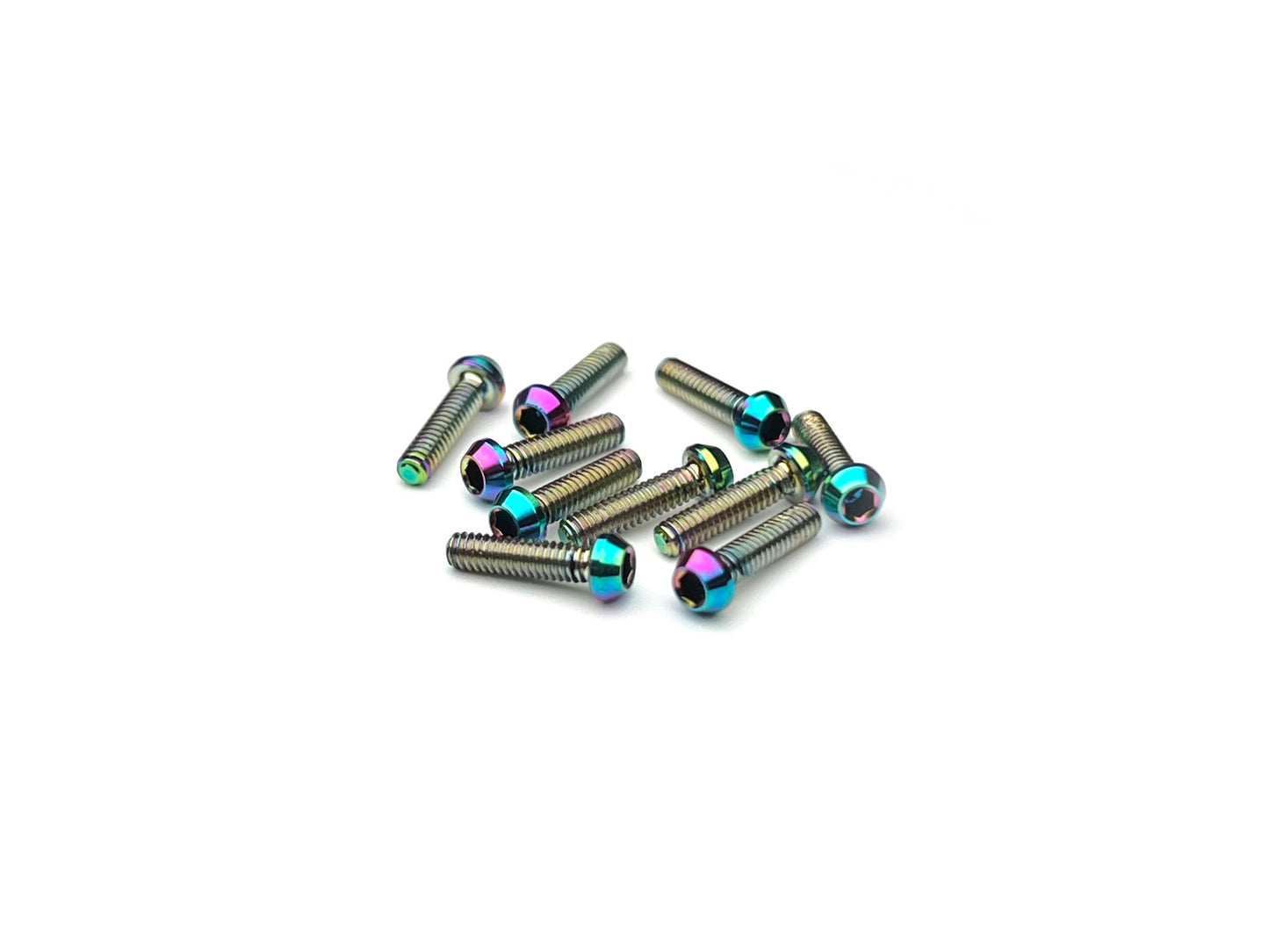 Sortafast M2 oil slick titanium button head screws – 10pk Grade 5 (6Al-4V) with tapered head design and oil slick finish for 1/28-scale RC cars.