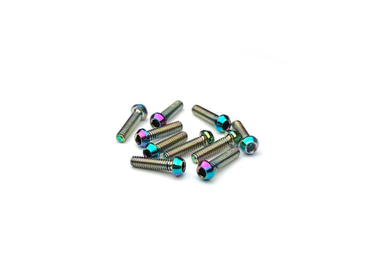 Sortafast M2 oil slick titanium button head screws – 10pk Grade 5 (6Al-4V) with tapered head design and oil slick finish for 1/28-scale RC cars.