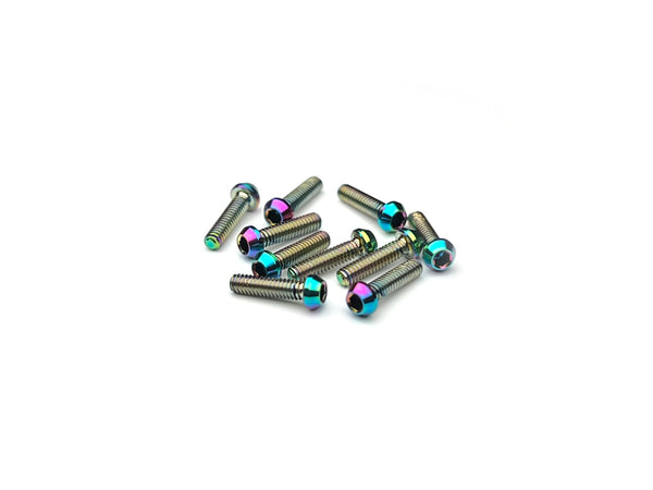 Sortafast M2 oil slick titanium button head screws – 10pk Grade 5 (6Al-4V) with tapered head design and oil slick finish for 1/28-scale RC cars.