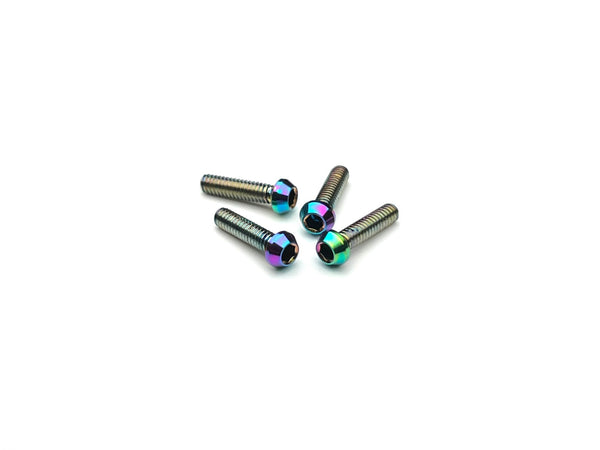 Sortafast M2 oil slick titanium button head screws – 4pk Grade 5 (6Al-4V) with tapered head design and polished oil slick finish for 1/28-scale RC cars.