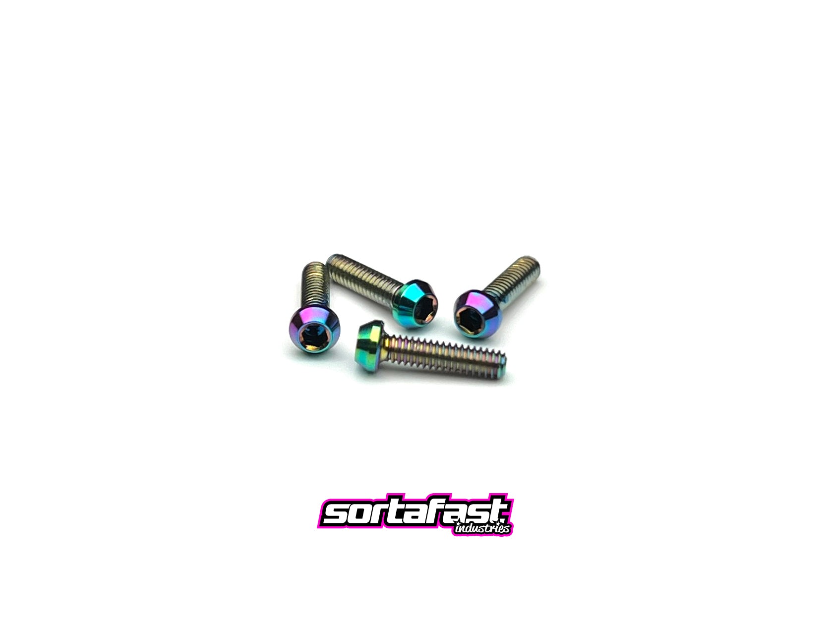 Sortafast M2 oil slick titanium button head screws – 4pk Grade 5 (6Al-4V) with tapered head design and polished oil slick finish for RC cars.
