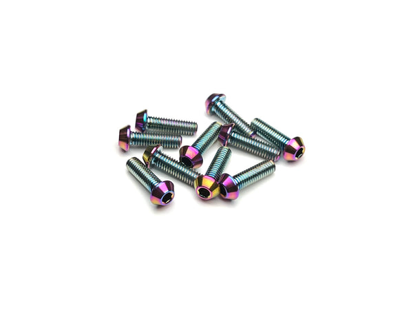 Sortafast M3 titanium button head screws (oil slick finish, 10pc) displayed on a clean white background.
