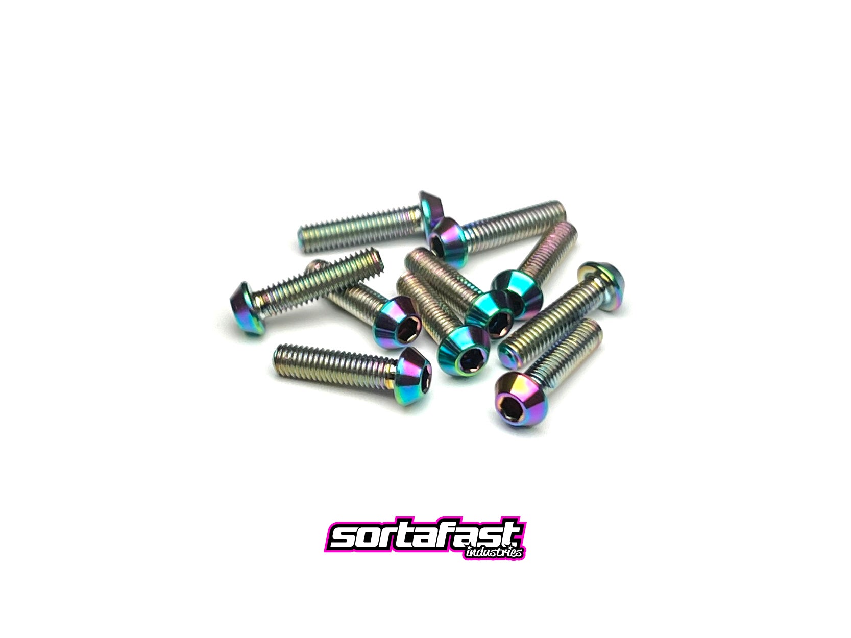 Sortafast M3 titanium button head screws (oil slick finish, 10pc) displayed on a clean white background.