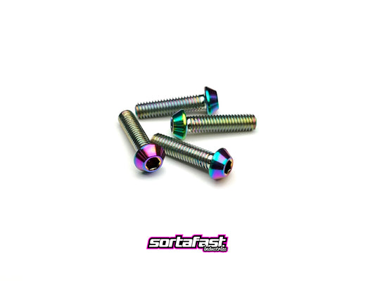 Sortafast M3 titanium button head screws (oil slick finish, 4pc) displayed on a clean white background.
