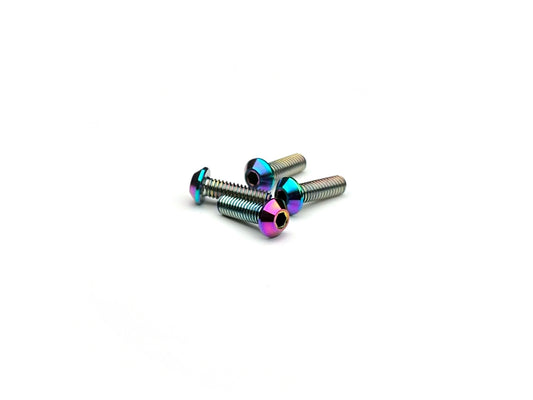 Sortafast M2.5 titanium button head screws – 4-pack Grade 5 precision hardware with oil slick finish, featuring a unique tapered head design for strength, style, and race-ready performance.