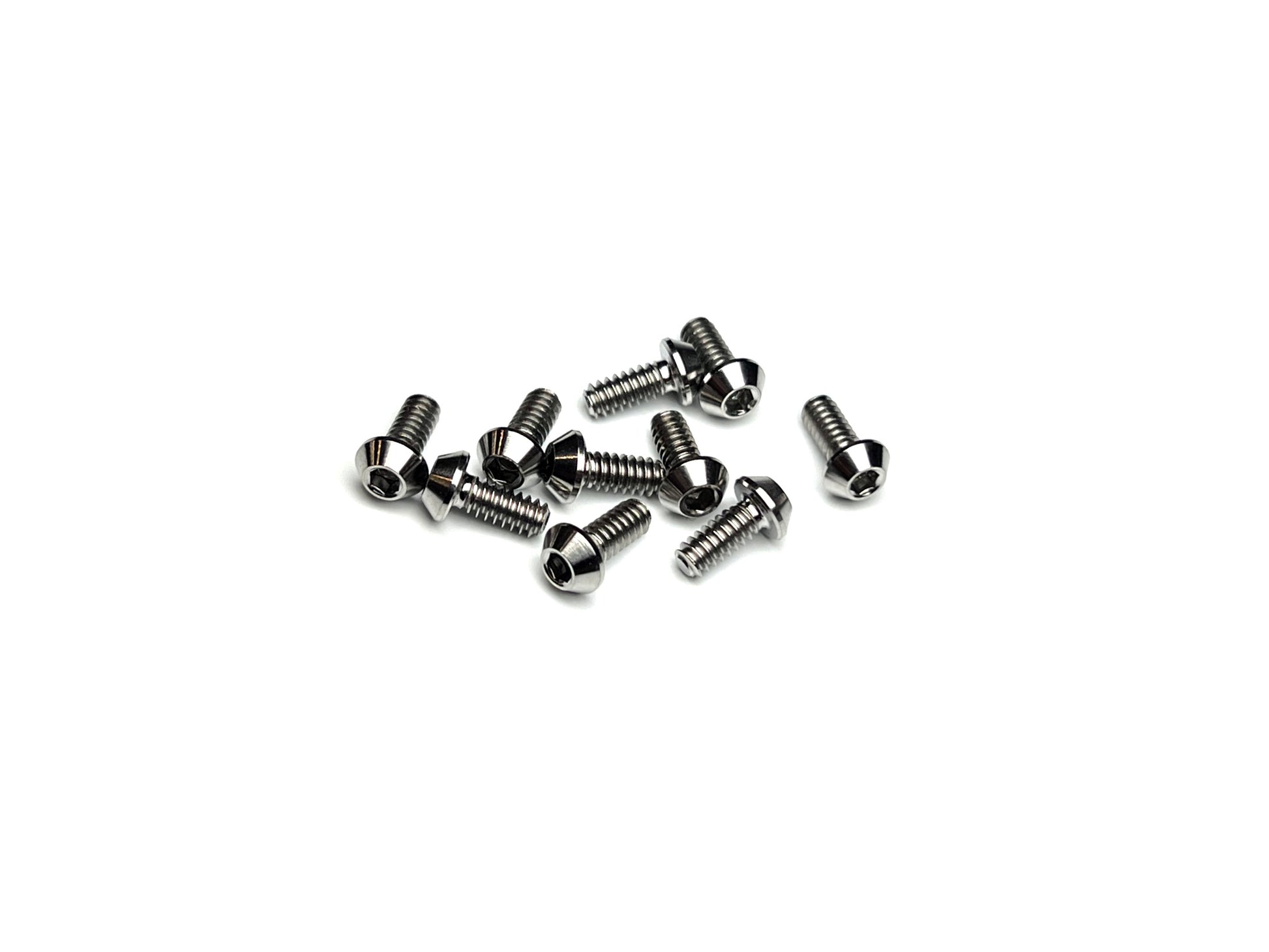 Sortafast 4-40 titanium button head screws – natural finish, set of ten on white background