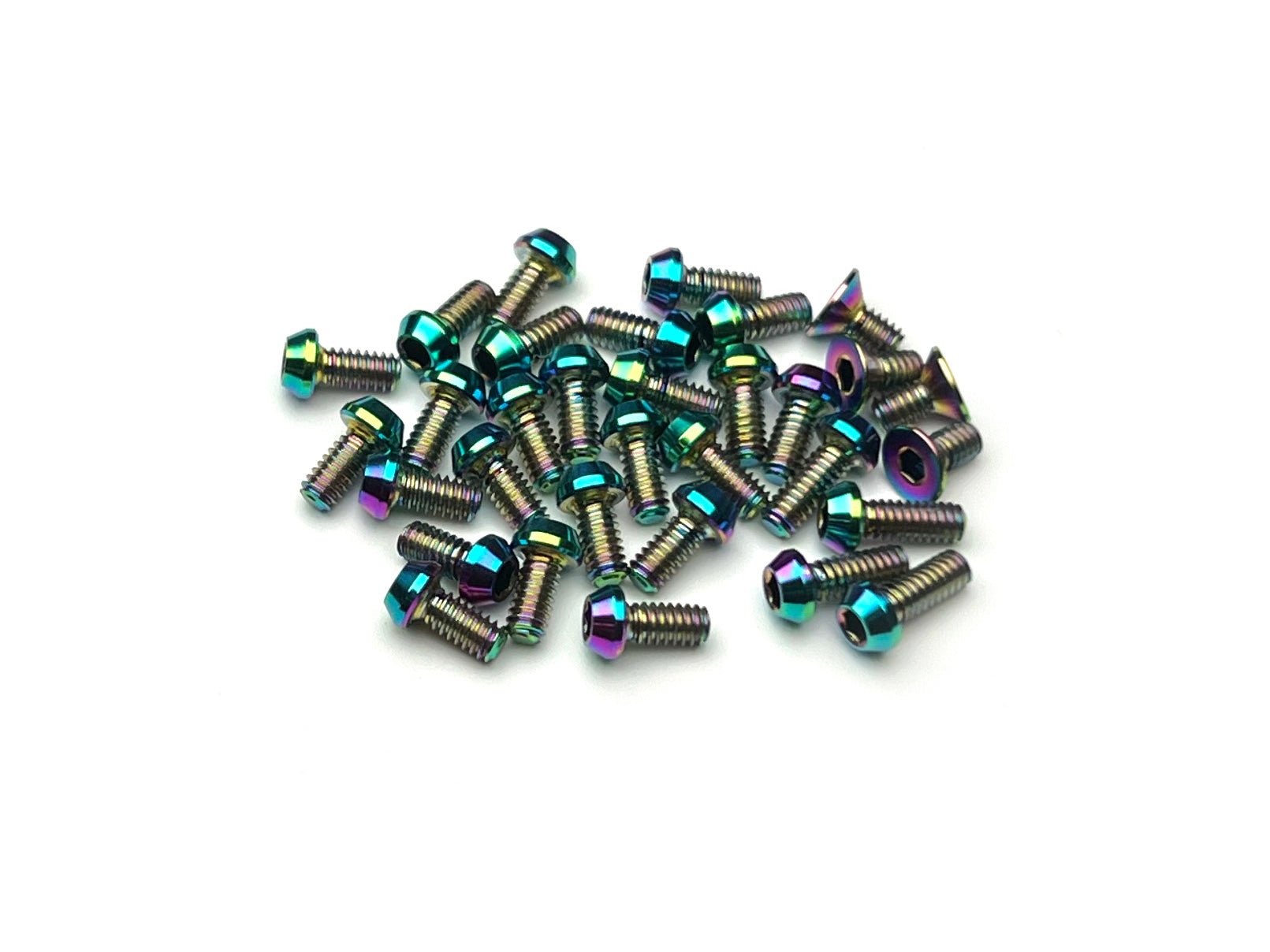 Sortafast Titanium Topside Screw Kit – 32pc oil slick Grade 5 (6Al-4V) titanium button head and countersunk screws for Team Associated RC28 Team Kit.