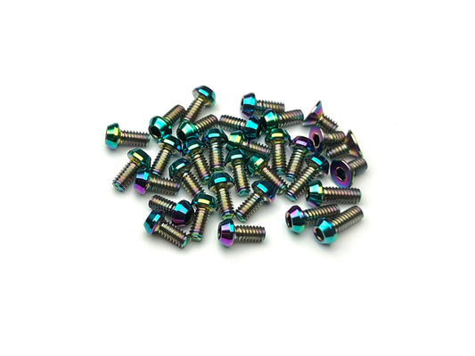 Sortafast Titanium Topside Screw Kit – 32pc oil slick Grade 5 (6Al-4V) titanium button head and countersunk screws for Team Associated RC28 Team Kit.