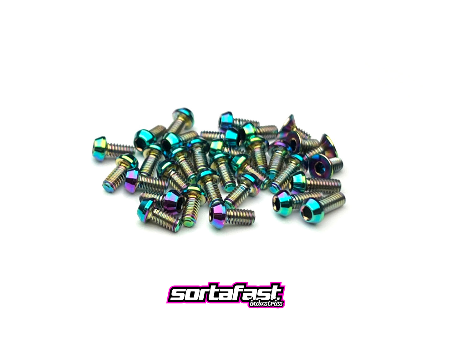 Sortafast Titanium Topside Screw Kit – 32pc oil slick Grade 5 (6Al-4V) titanium button head and countersunk screws for Team Associated RC28 Team Kit.