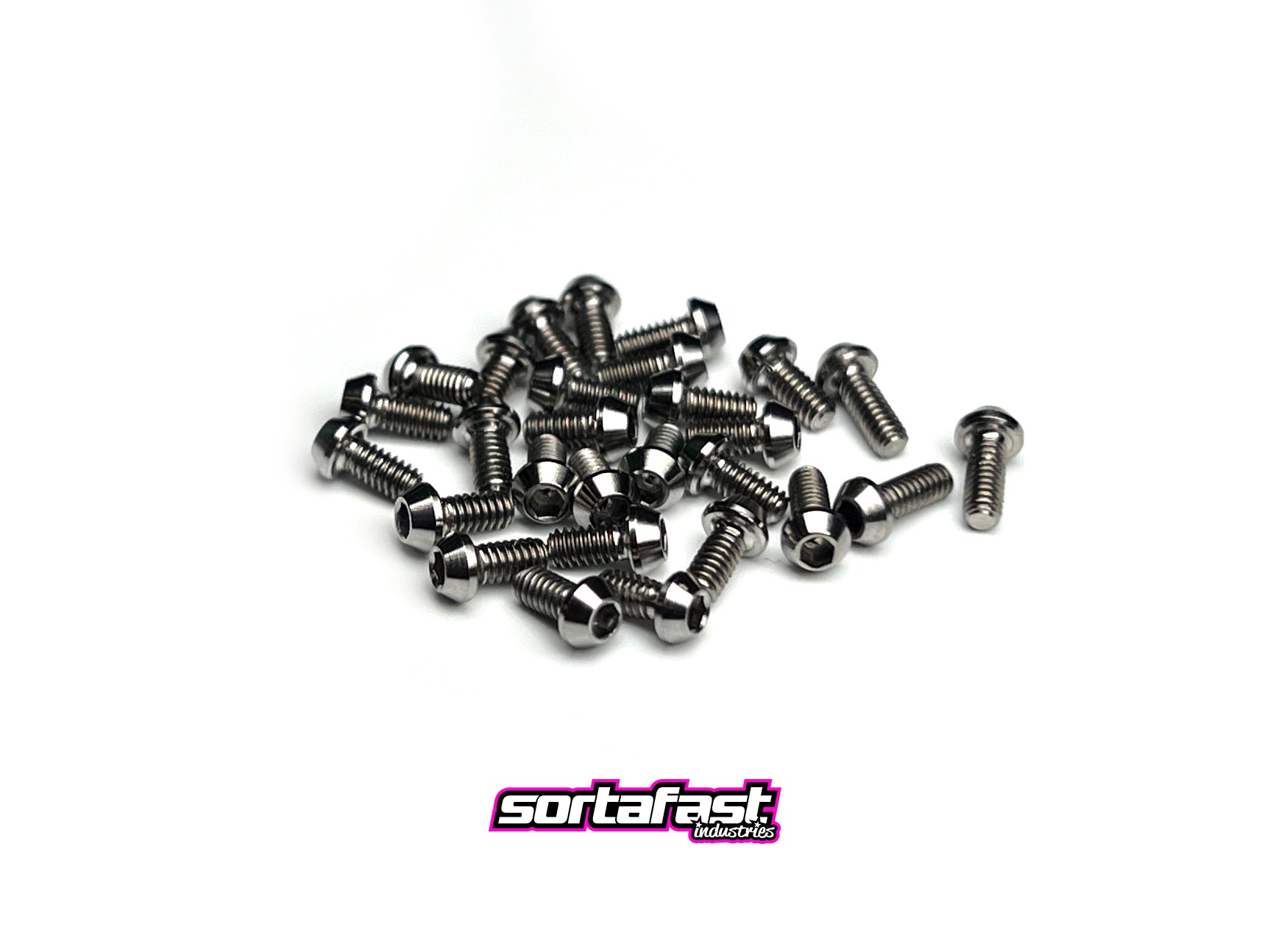 28-piece Sortafast titanium button head screw kit for RC28 Team Kit on white background with sortafast logo for branding