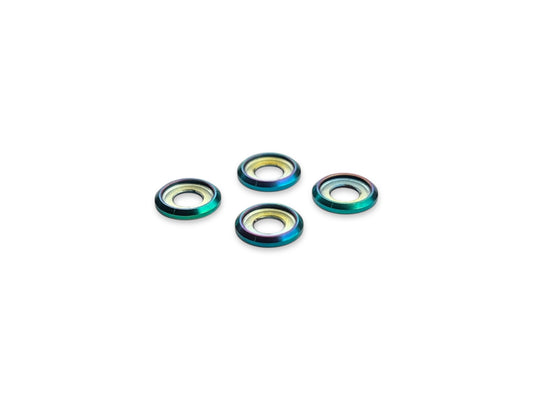 Sortafast M3 titanium button washers – Grade 5 precision washers with oil slick finish designed for Sortafast button head screws, offering increased footprint, durability, and premium visual style.
