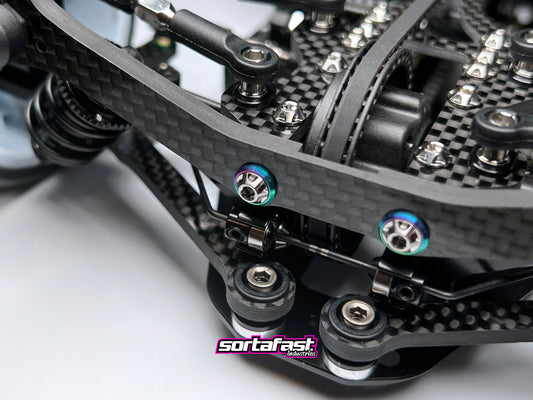 Sortafast M3 titanium button washers – Grade 5 precision washers with oil slick finish designed for Sortafast button head screws, offering increased footprint, durability, and premium visual style.