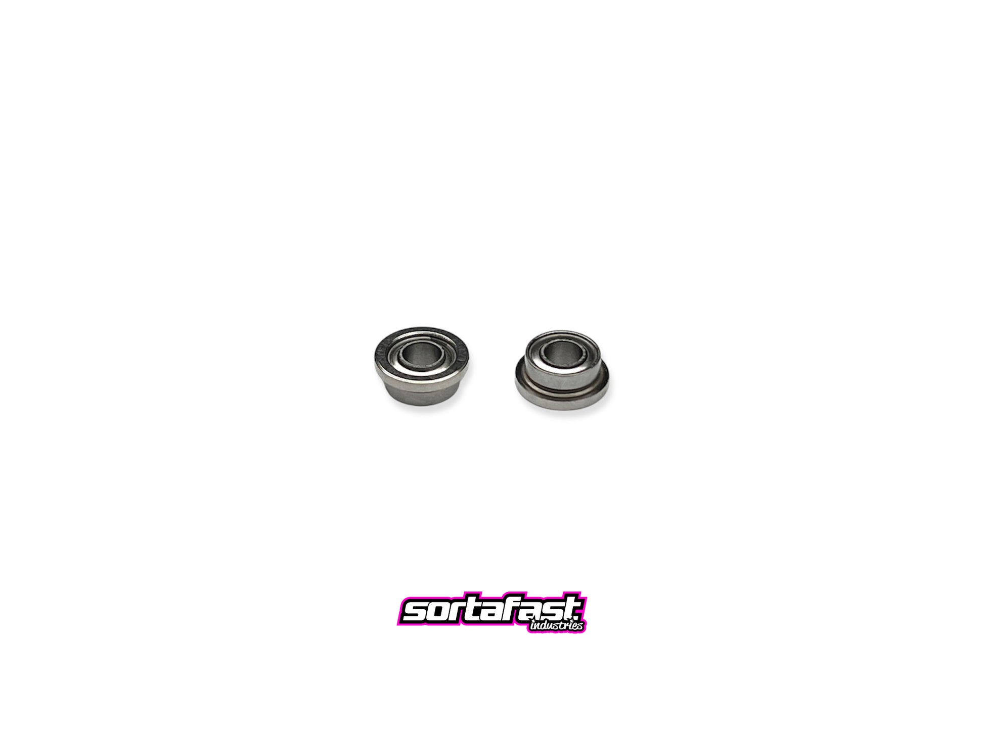 Close-up of Sortafast 3/32 flanged ceramic bearings for slot cars and RC use with sortafast logo for branding

