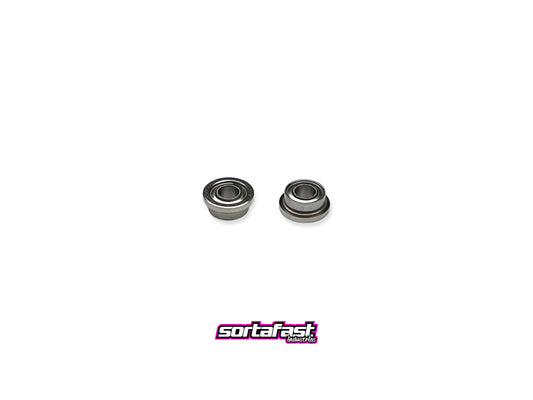 Close-up of Sortafast 3/32 flanged ceramic bearings for slot cars and RC use with sortafast logo for branding

