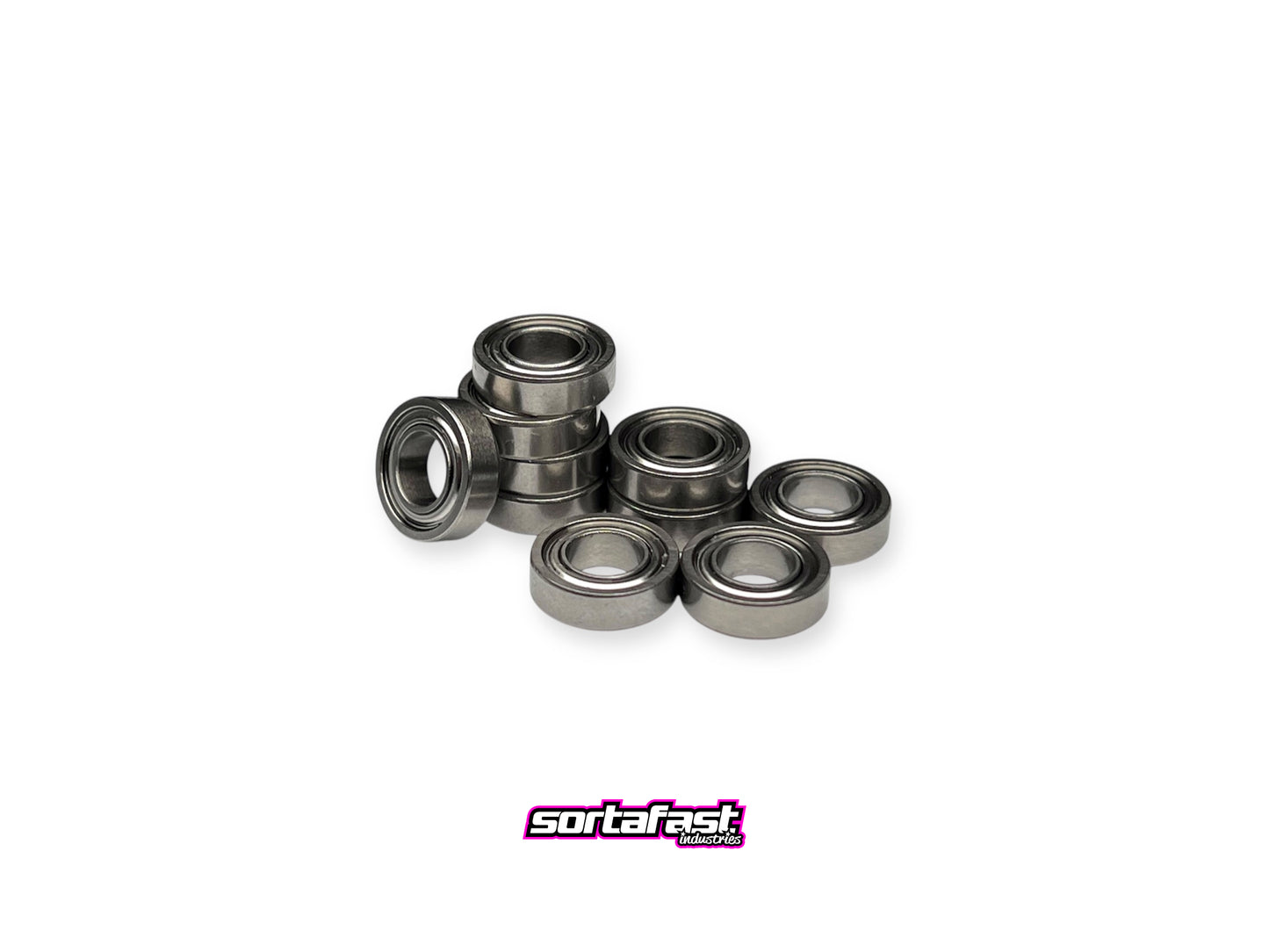 Ten-pack of Sortafast 5x10x3mm hybrid ceramic bearings shown on a white background with Sortafast logo for branding