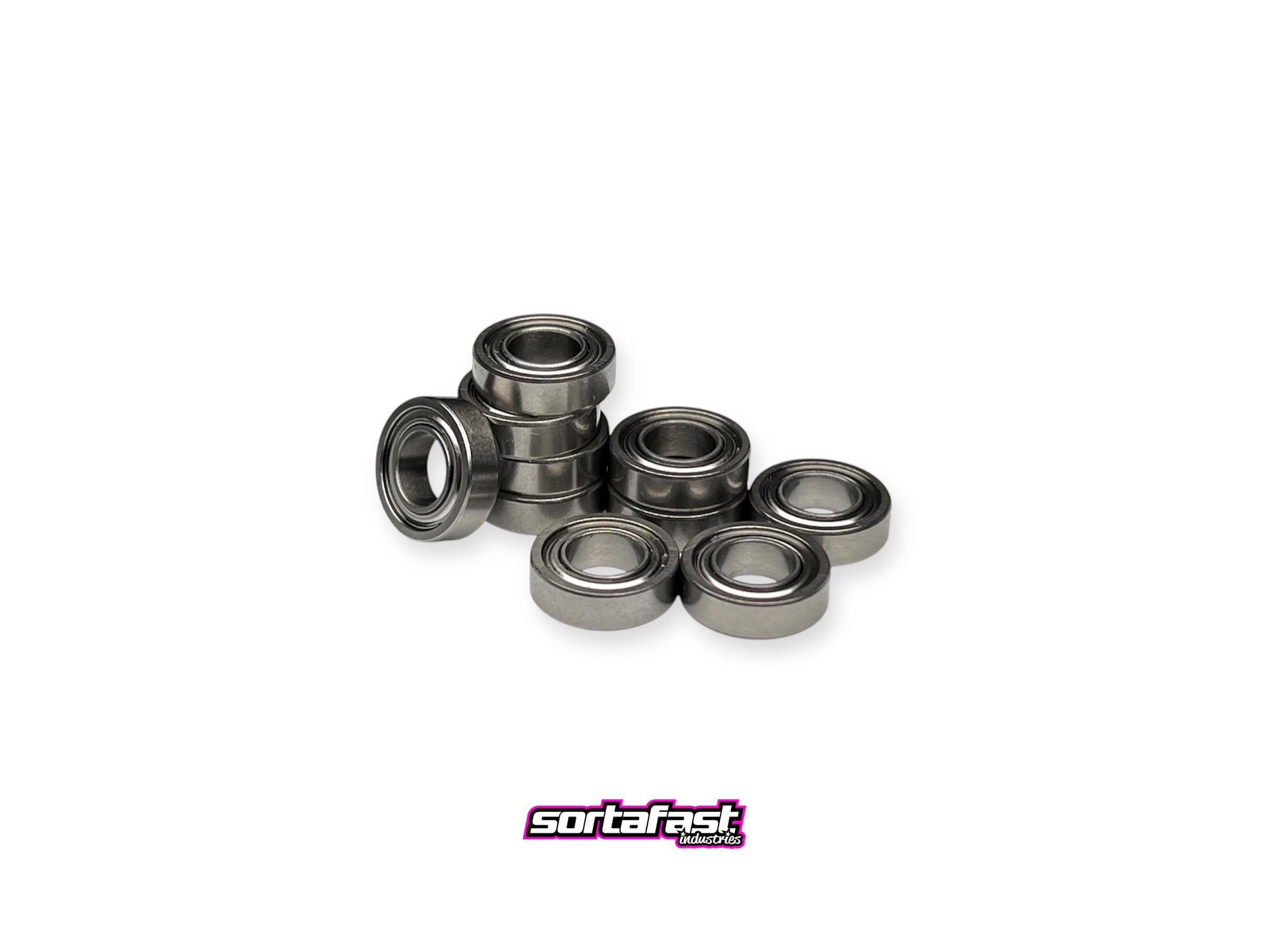 Ten-pack of Sortafast 5x10x3mm hybrid ceramic bearings shown on a white background with Sortafast logo for branding